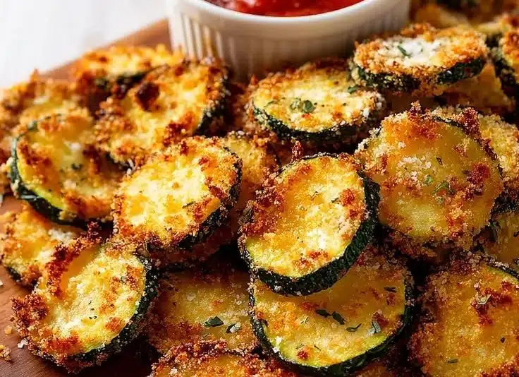 Plate of crispy air fryer zucchini chips garnished with herbs