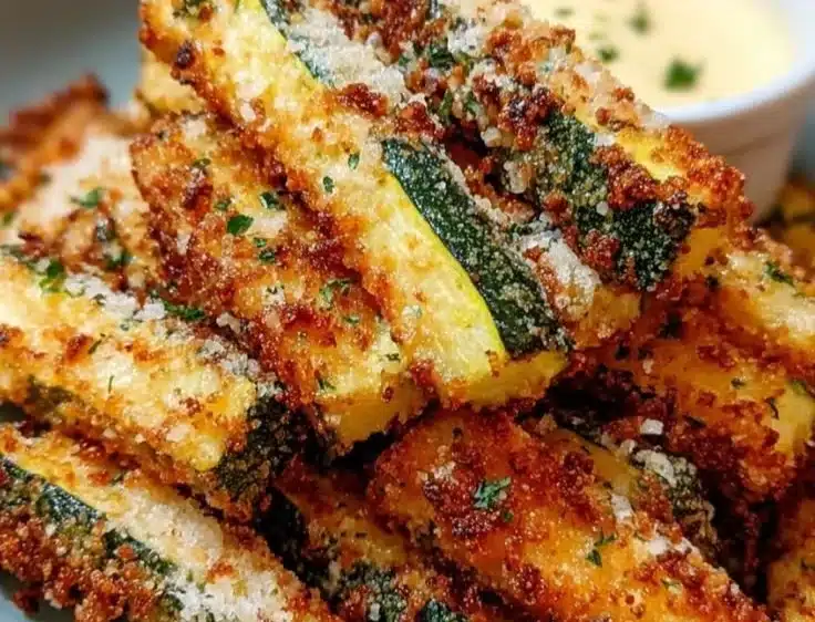 Delicious air fryer zucchini fries served with dipping sauce