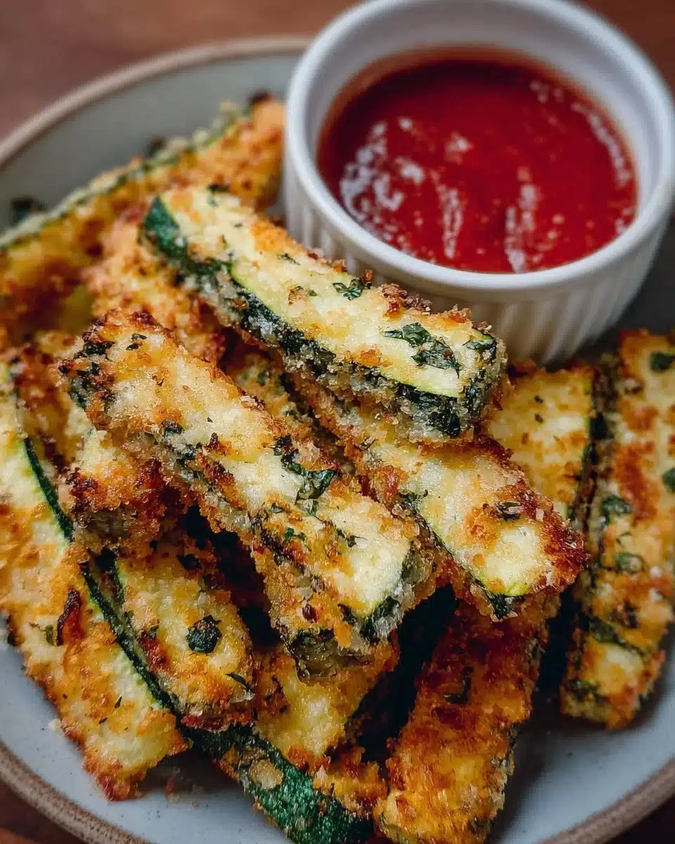 Crispy air fryer zucchini sticks served with dipping sauce