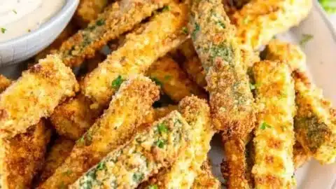 Crispy air fryer zucchini fries served on a plate with dipping sauce