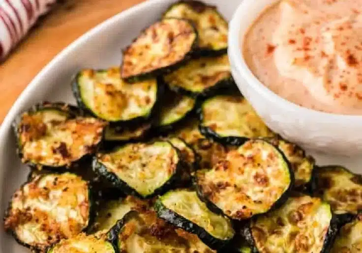 Crispy air fryer zucchini slices in a bowl, ready to serve.
