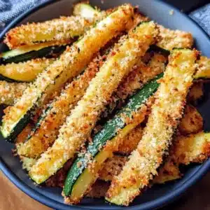 Crispy garlic parmesan air fryer zucchini fries on a plate
